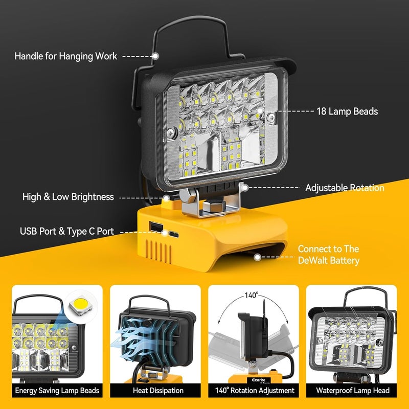 Ecarke Cordless Handheld Flashlight for DeWalt 18V/20V: LED Work Battery Light - 20W 2000LM Tools for Working in Dark Environments,Outdoor,Fishing,Gift,Job Site&Security Lighting(Only Tool) - Image 5